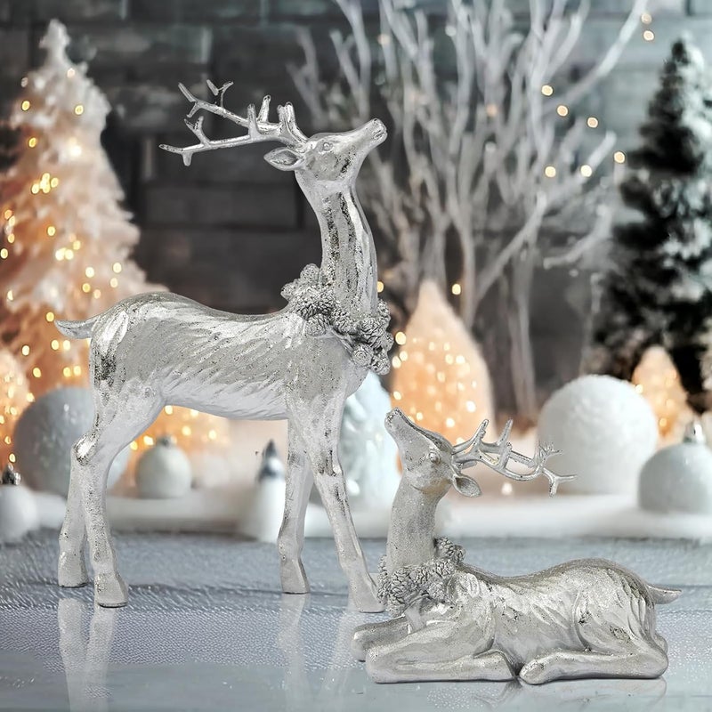 DN DECONATION Christmas Reindeer Figurines, Winter Deer Small Statues Decor, Silver Decorative Reindeer Sculptures, Resin Xmas Holiday Home Décor Accents for Office Living Room & Bedroom 2PCS - Image 5